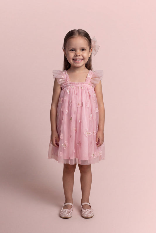 Sorbet Pink Butterfly Tulle Dress front view