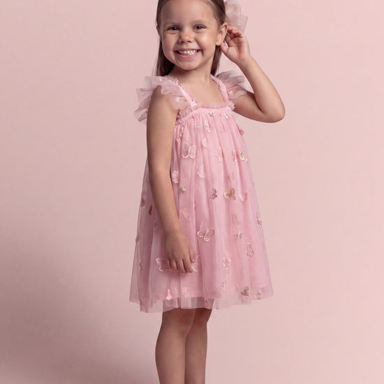 Sorbet Pink Butterfly Tulle Dress three quarter view