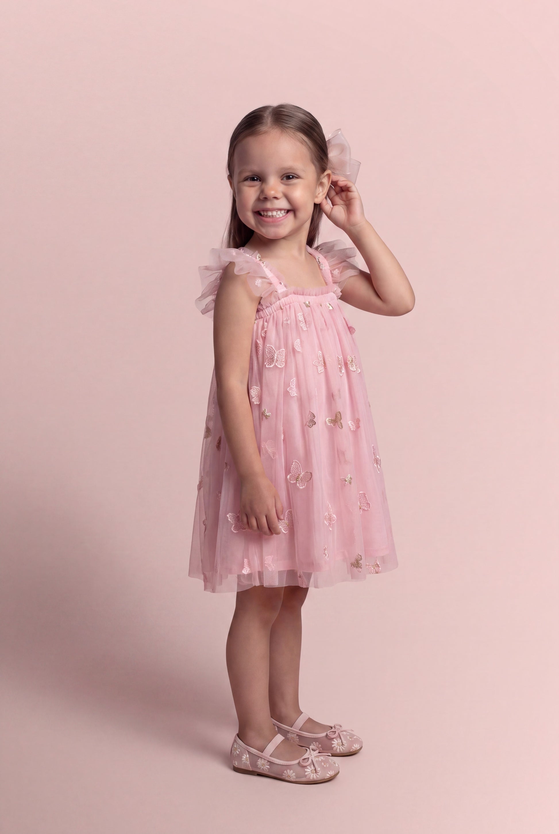 Sorbet Pink Butterfly Tulle Dress three quarter view
