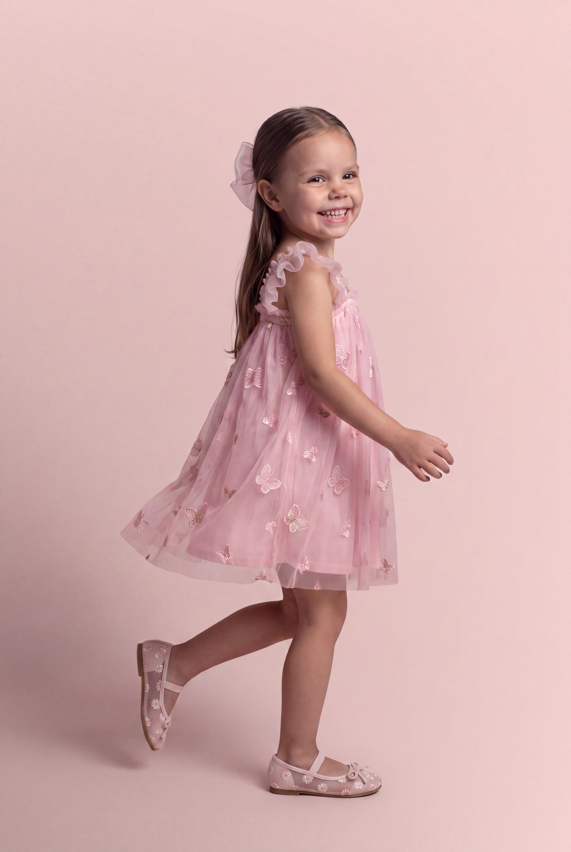 Sorbet Pink Butterfly Tulle Dress side view