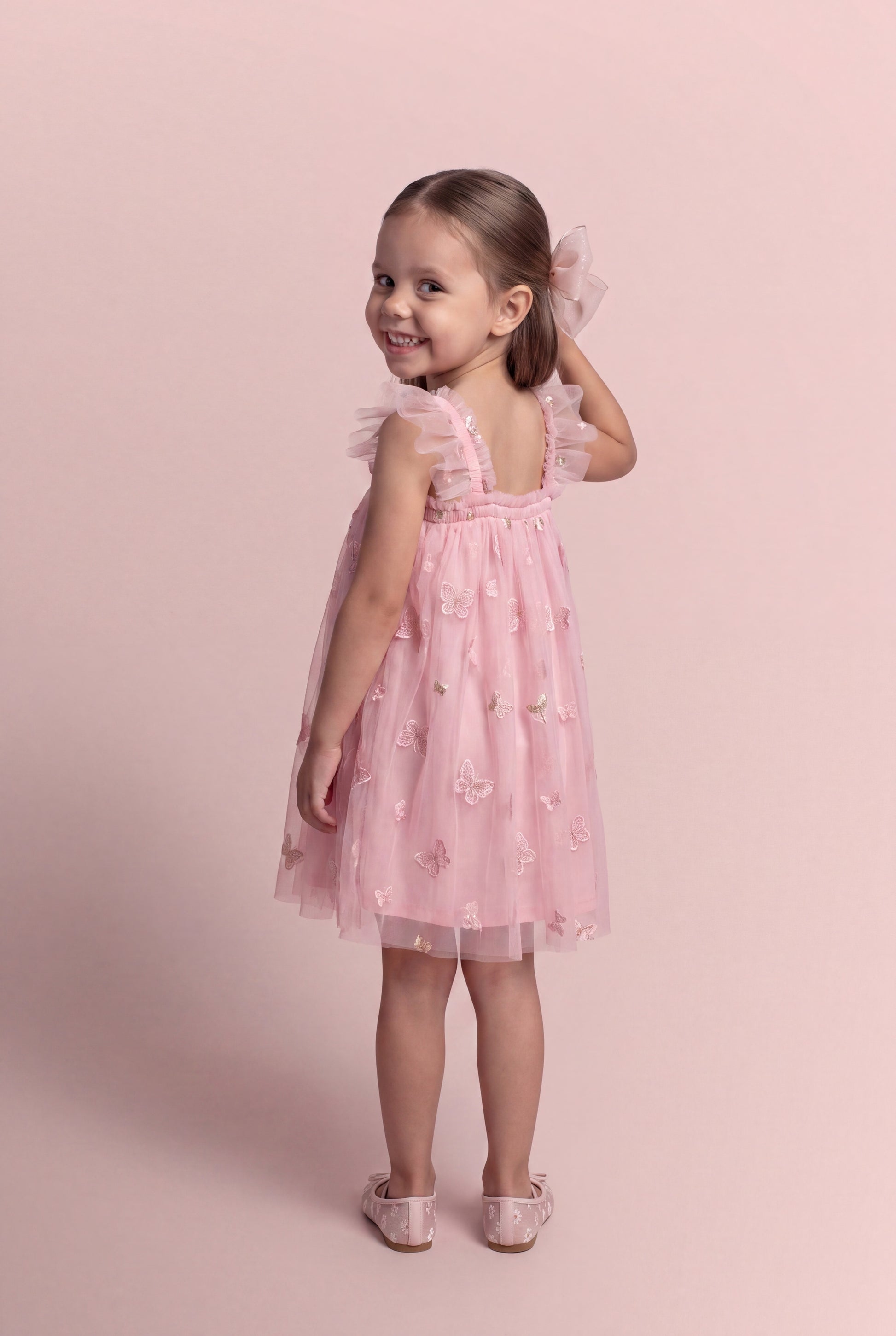 Sorbet Pink Butterfly Tulle Dress back view