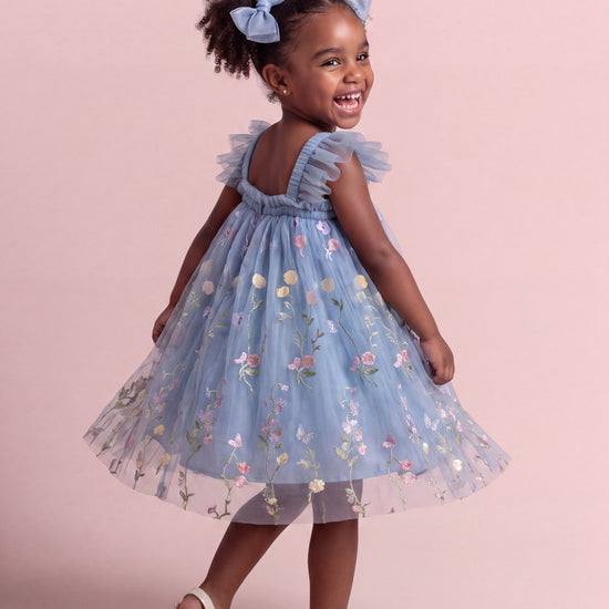Aurora Dress in dusty blue floral tulle, back