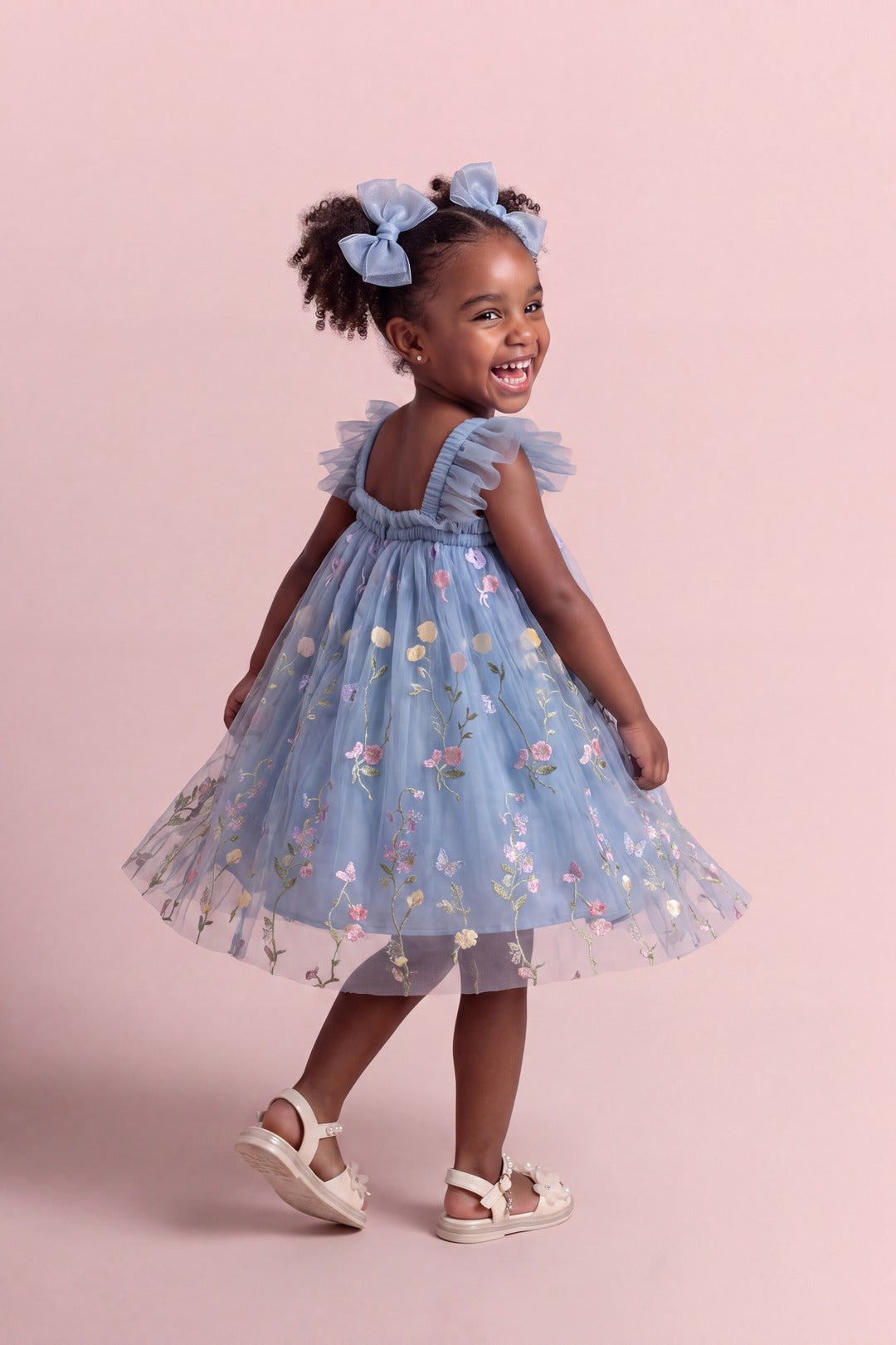 Aurora Dress in dusty blue floral tulle, back