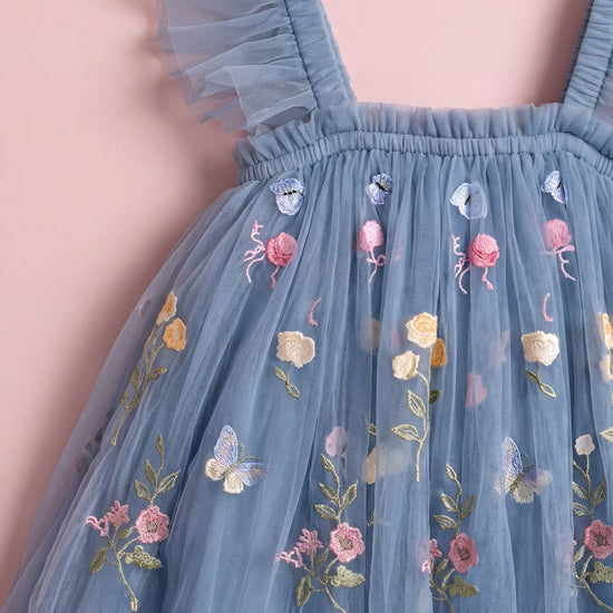 Aurora Dress dusty blue tulle with embroidered wildflowers and butterflies