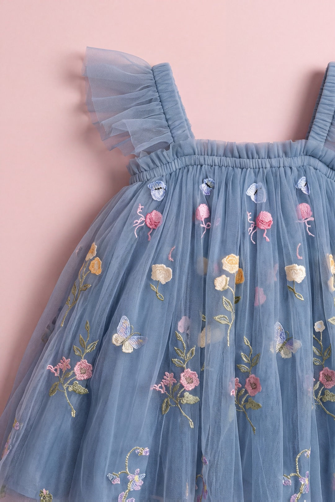 Aurora Dress dusty blue tulle with embroidered wildflowers and butterflies