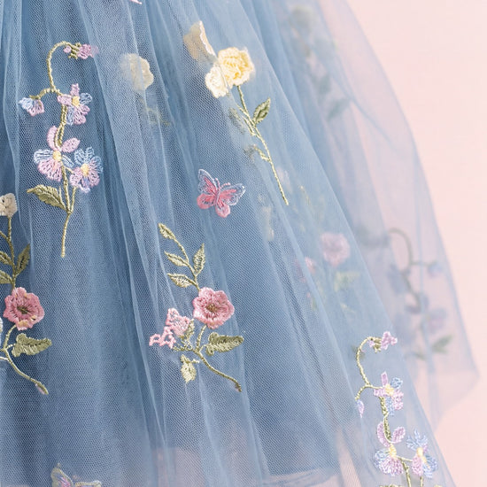Aurora Dress dusty blue embroidered floral tulle fabric texture
