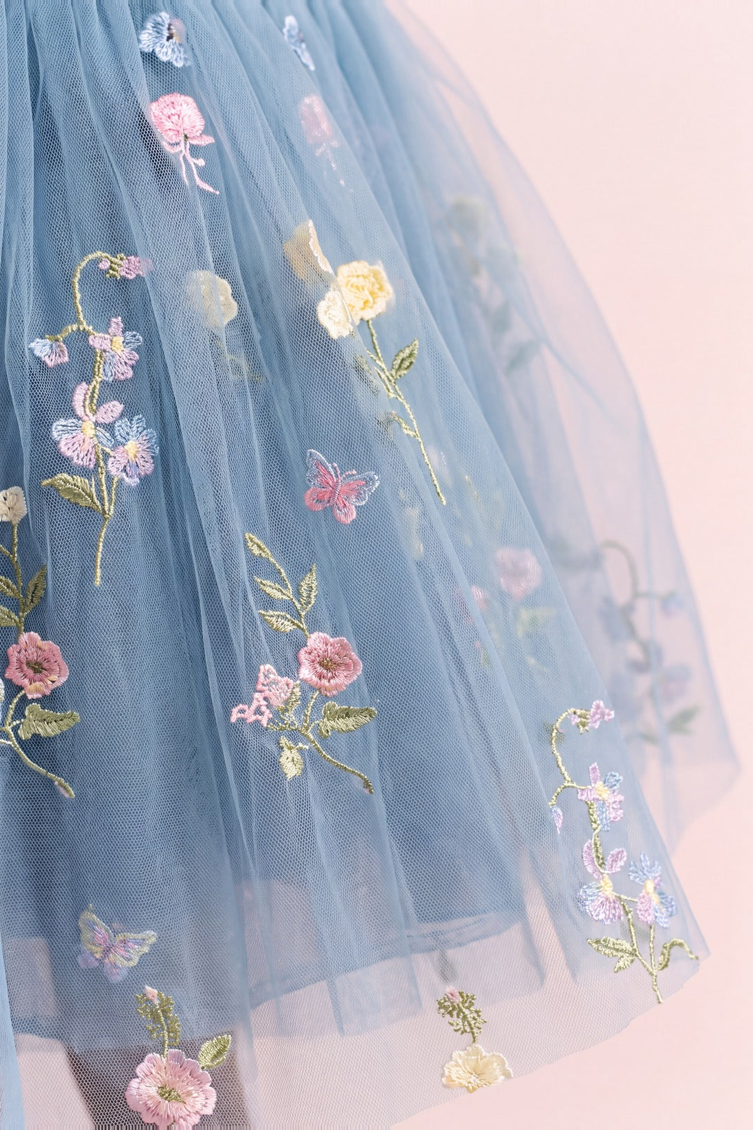Aurora Dress dusty blue embroidered floral tulle fabric texture