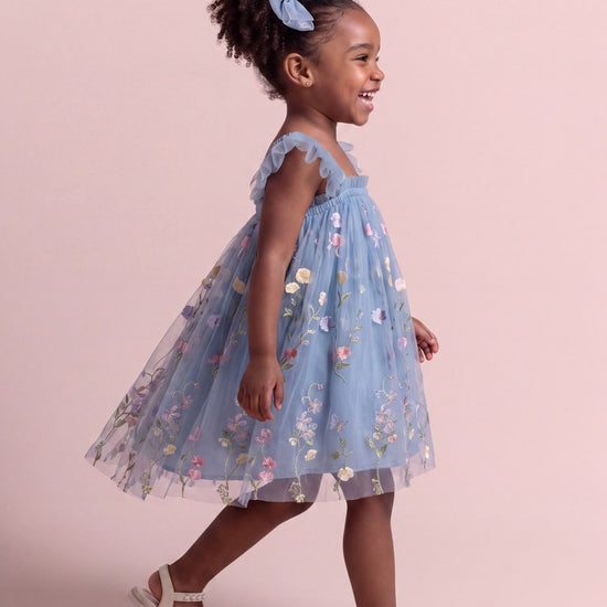 Aurora Dress in dusty blue floral tulle, side