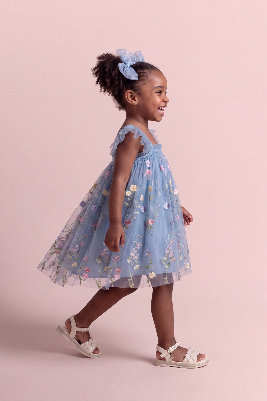 Aurora Dress in dusty blue floral tulle, side