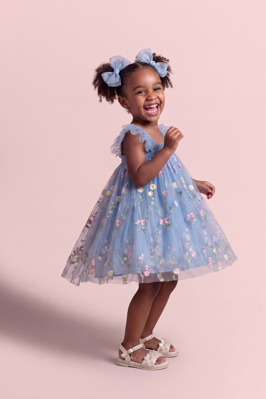 Aurora Dress in dusty blue floral tulle, three quarter