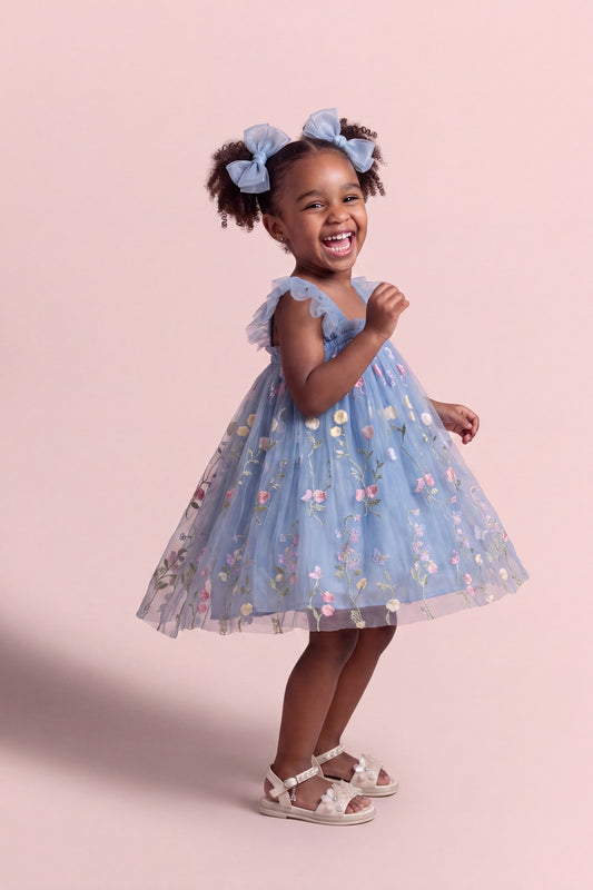 Aurora Dress in dusty blue floral tulle, three quarter