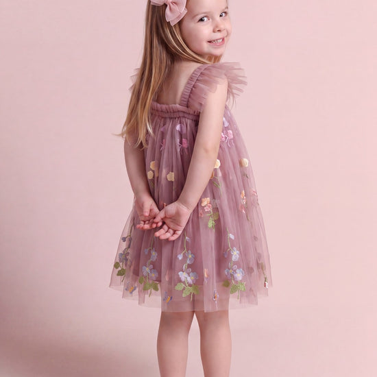 Aurora Dress in dusty mauve floral tulle, back