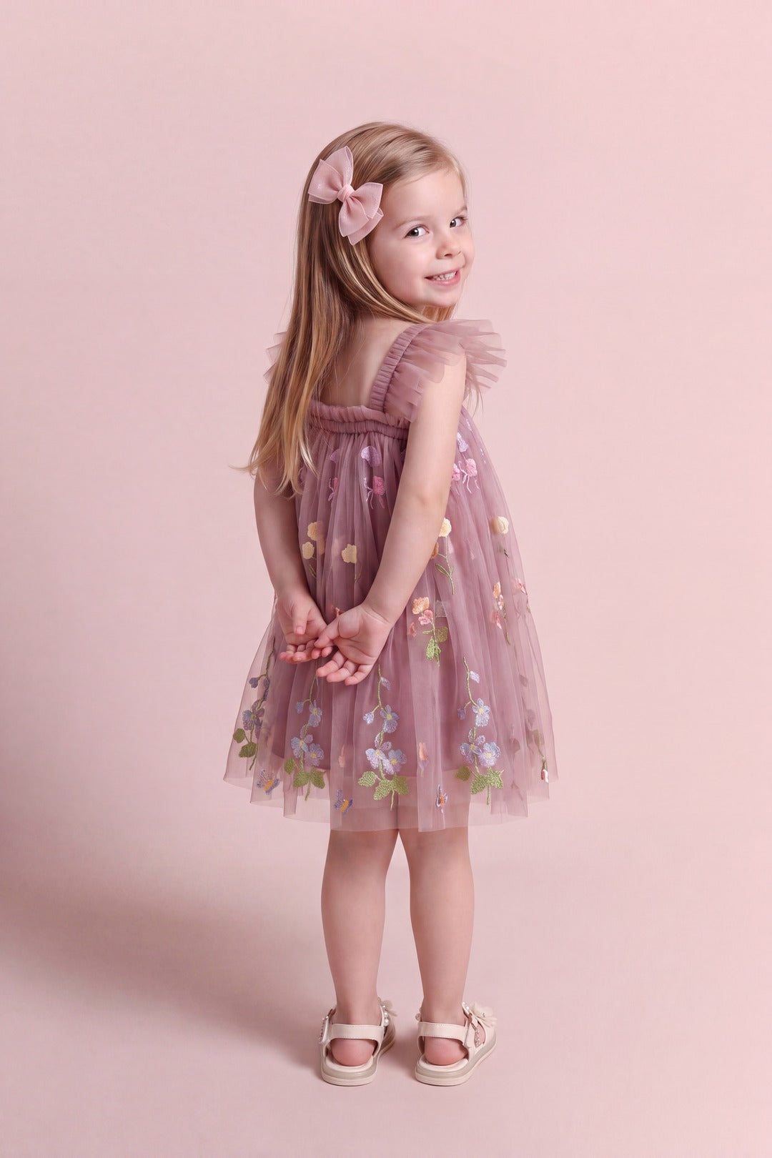 Aurora Dress in dusty mauve floral tulle, back