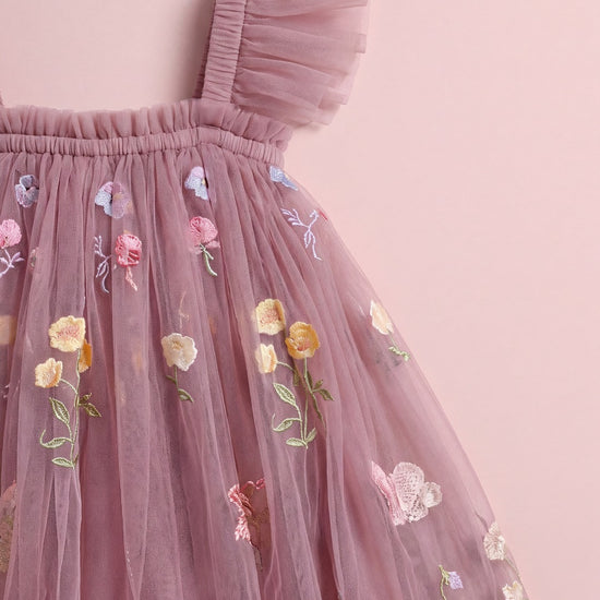 Aurora Dress dusty mauve tulle with embroidered wildflowers and butterflies
