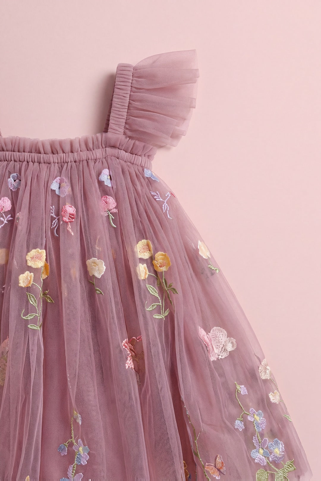 Aurora Dress dusty mauve tulle with embroidered wildflowers and butterflies