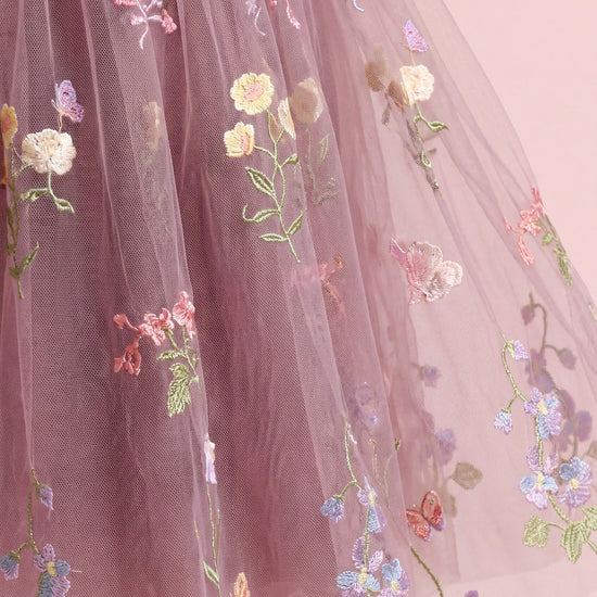 Aurora Dress dusty mauve embroidered floral tulle fabric texture