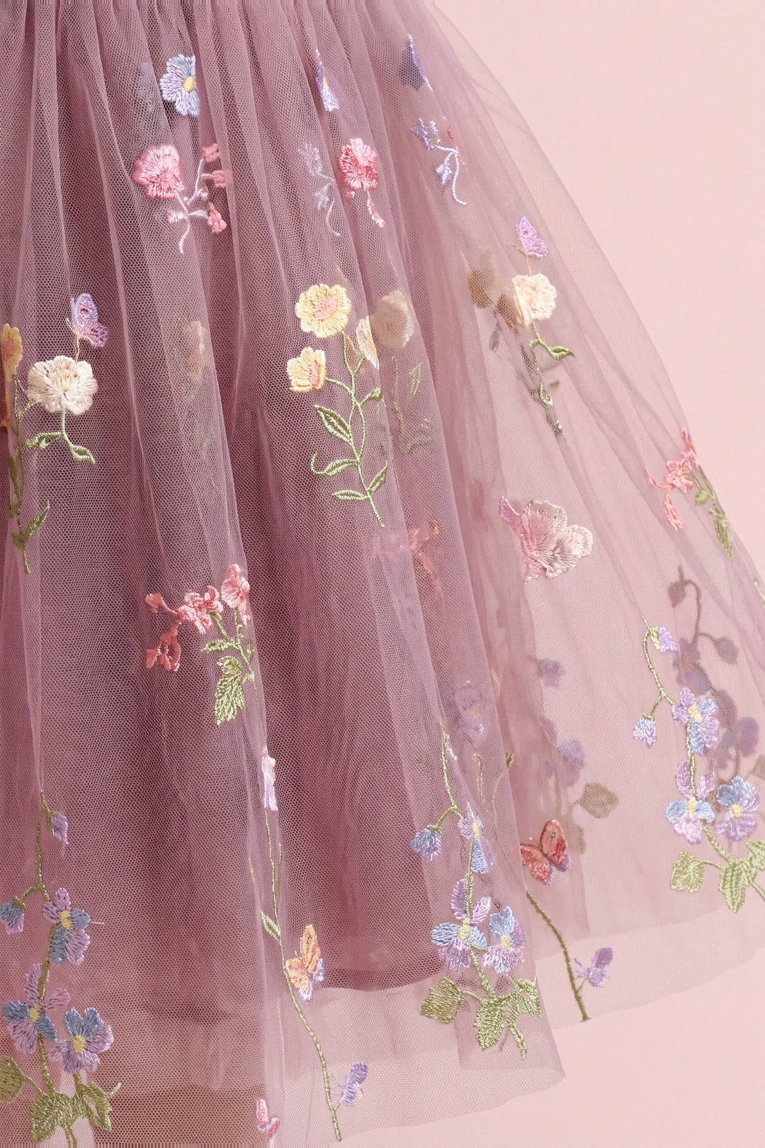 Aurora Dress dusty mauve embroidered floral tulle fabric texture