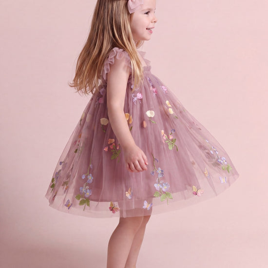 Aurora Dress in dusty mauve floral tulle, side