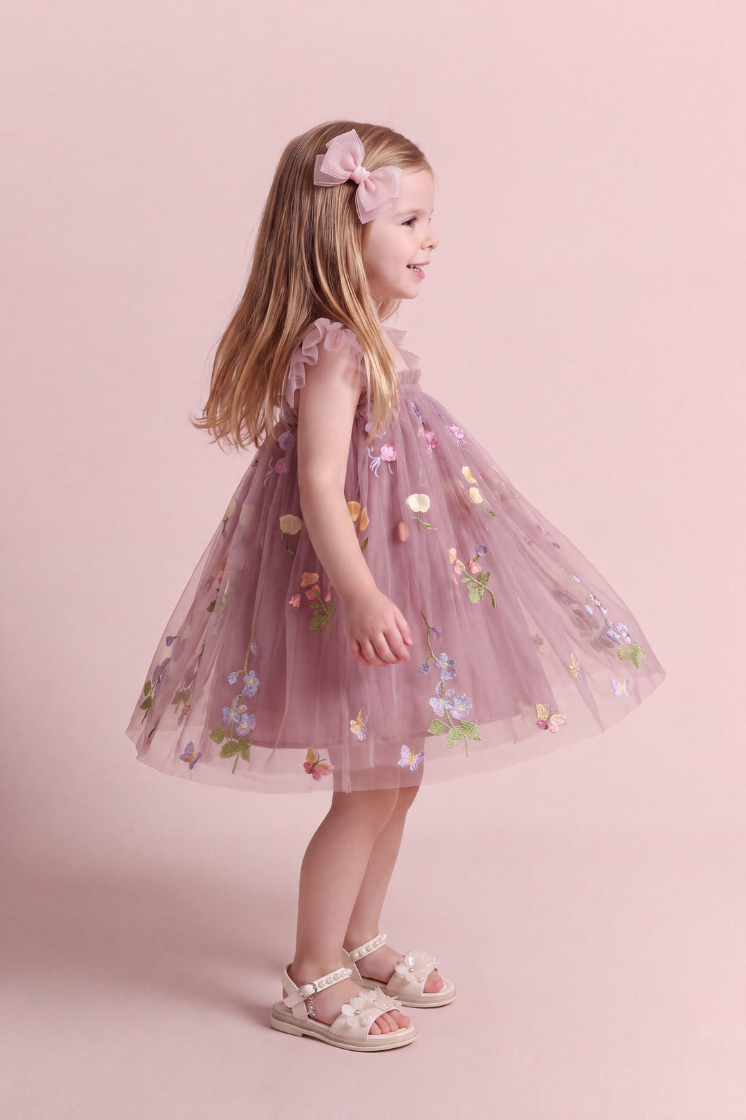 Aurora Dress in dusty mauve floral tulle, side