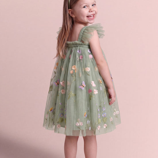 Aurora Dress in sage green floral tulle, back