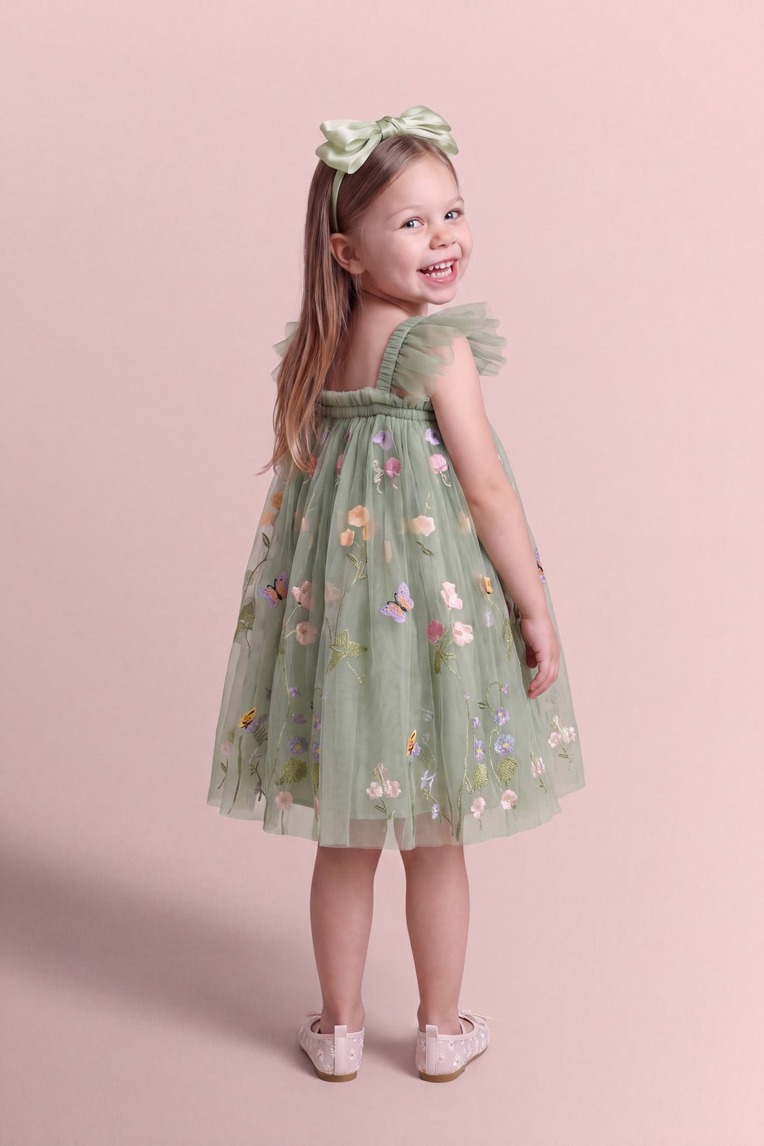 Aurora Dress in sage green floral tulle, back