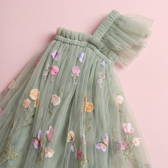 Aurora Dress sage green tulle with embroidered wildflowers and butterflies
