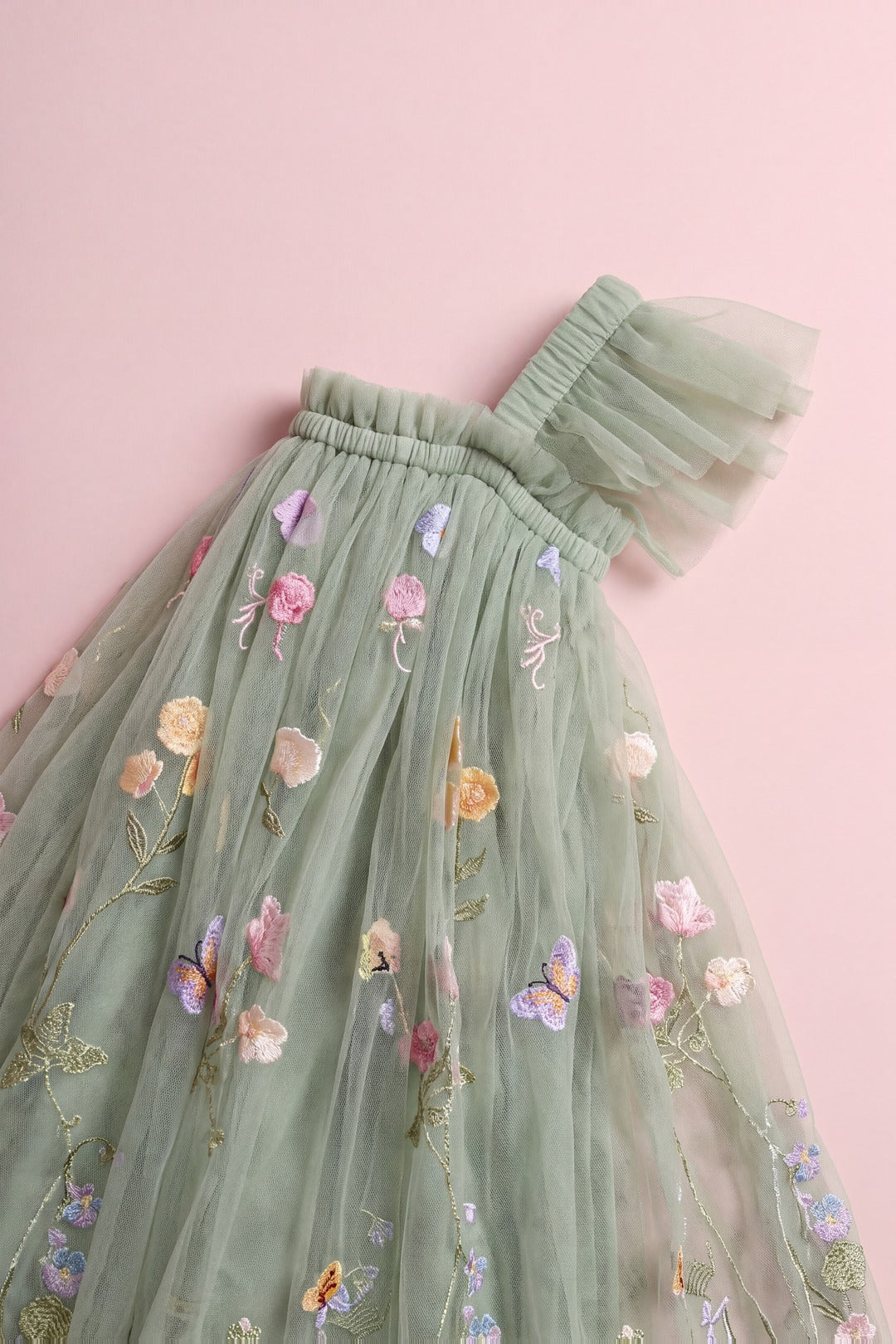 Aurora Dress sage green tulle with embroidered wildflowers and butterflies