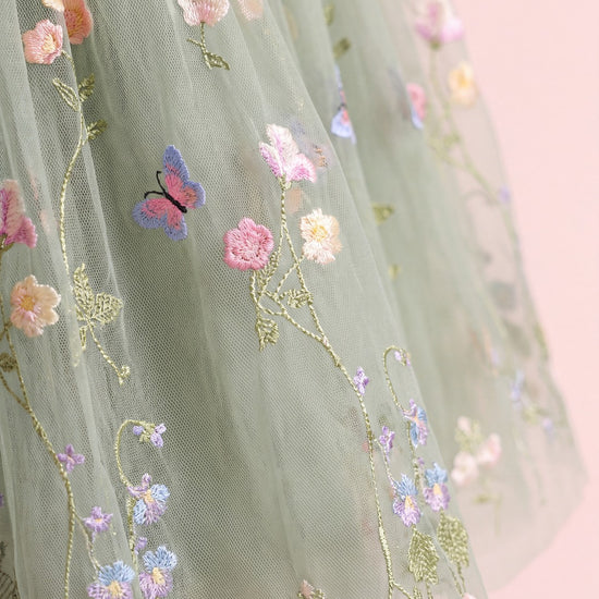 Aurora Dress sage green embroidered floral tulle fabric texture