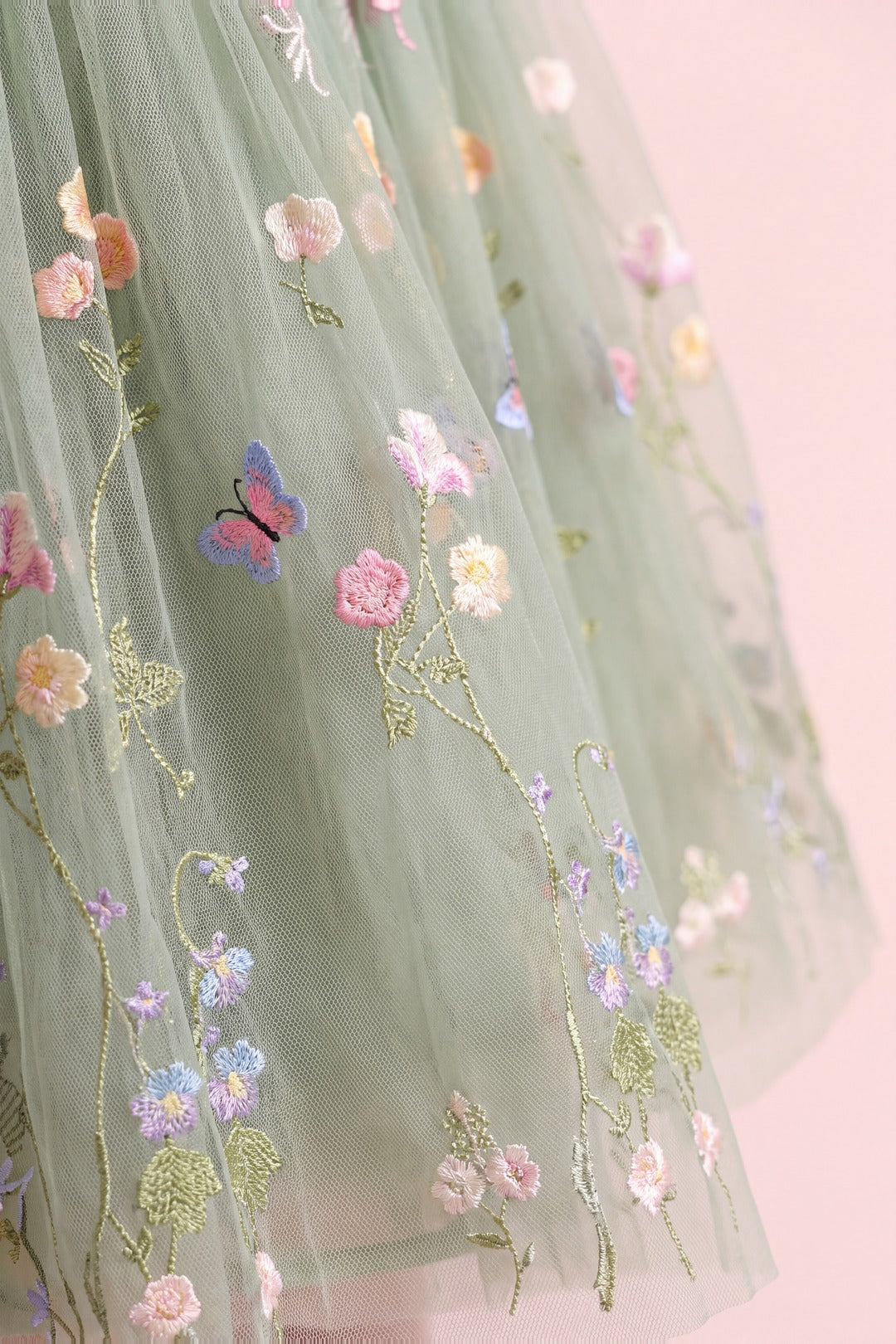Aurora Dress sage green embroidered floral tulle fabric texture
