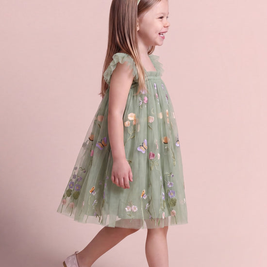Aurora Dress in sage green floral tulle, side