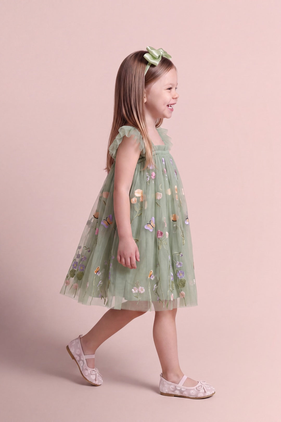 Aurora Dress in sage green floral tulle, side