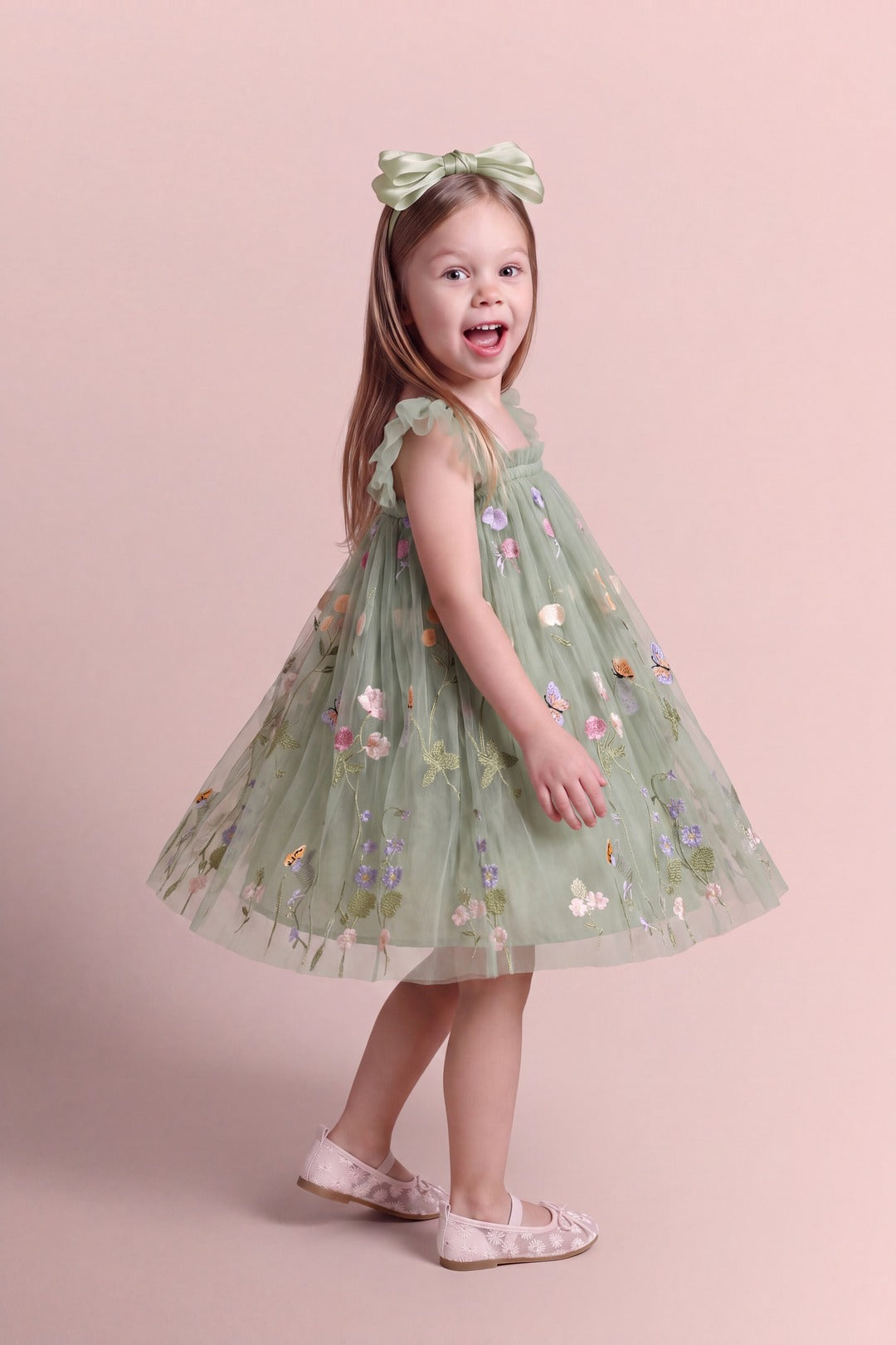 Aurora Dress in sage green floral tulle, three quarter