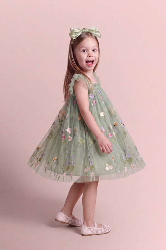 Aurora Dress in sage green floral tulle, three quarter