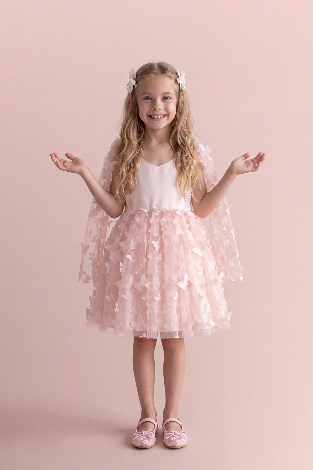 Blossom pink butterfly party dress, front view on a girl, satin sweetheart bodice and tulle skirt covered in 3D fabric butterflies