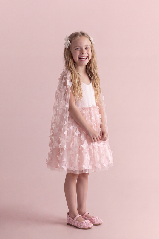 Blossom pink butterfly party dress, three quarter view showing the sheer butterfly wing panel over the shoulder