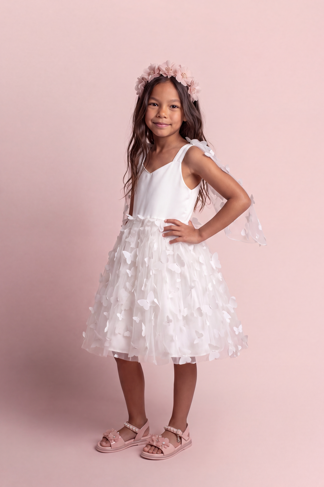 Blossom white butterfly party dress, three quarter view showing the sheer butterfly wing panels over the shoulders