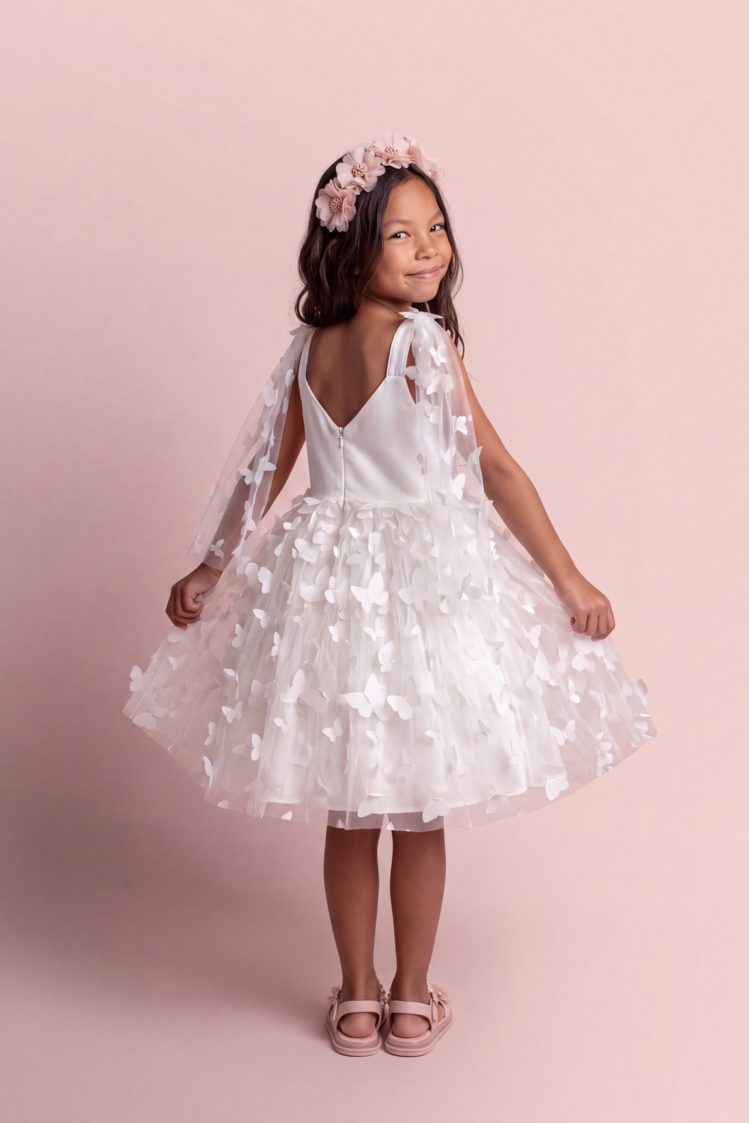 Blossom white butterfly party dress, back view showing the low V back, satin straps and concealed zip