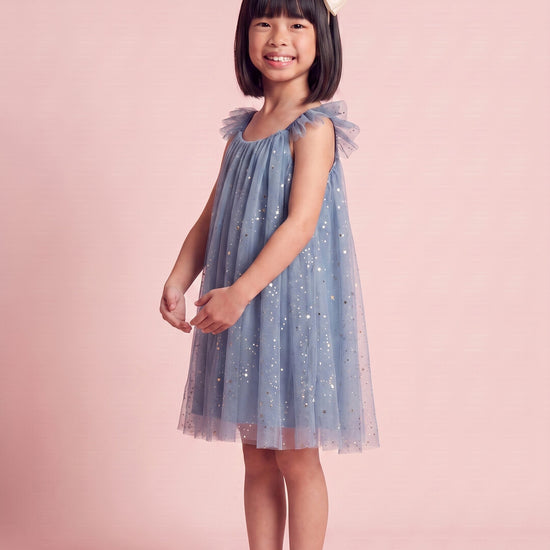 Bluebell Star Dress in blue, three quarter twirl