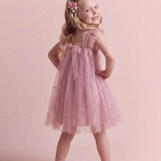 Bluebell Pink Tulle Flower Girl Dress, back view with organza bow