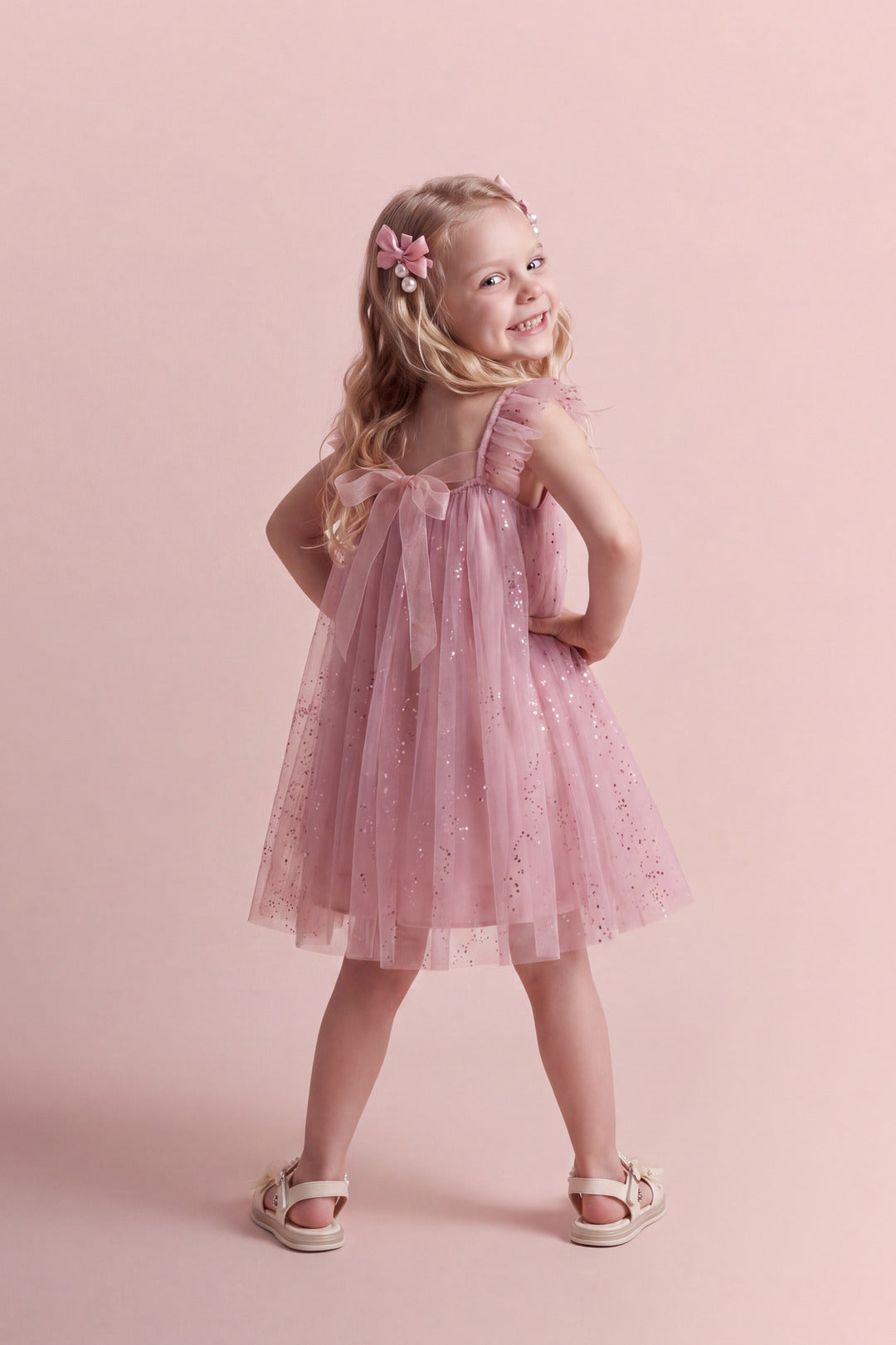 Bluebell Pink Tulle Flower Girl Dress, back view with organza bow