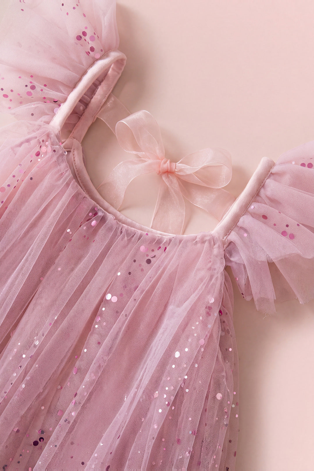 Bluebell pink sequin tulle and neckline detail