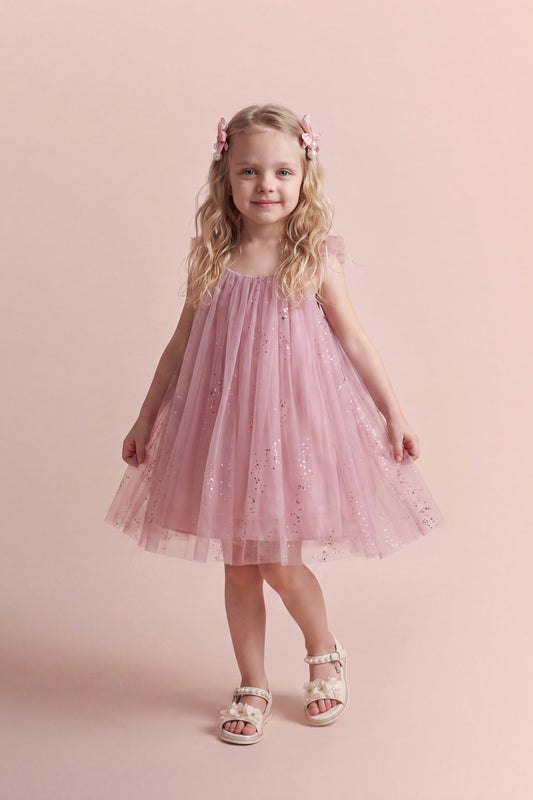 Girl wearing the Bluebell Pink Tulle Flower Girl Dress, front view