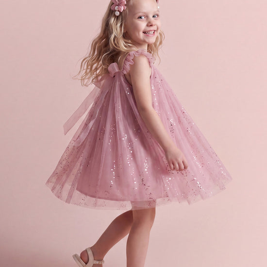 Bluebell Pink Tulle Flower Girl Dress, side view mid twirl