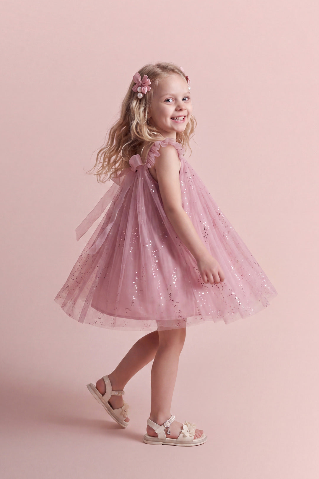 Bluebell Pink Tulle Flower Girl Dress, side view mid twirl