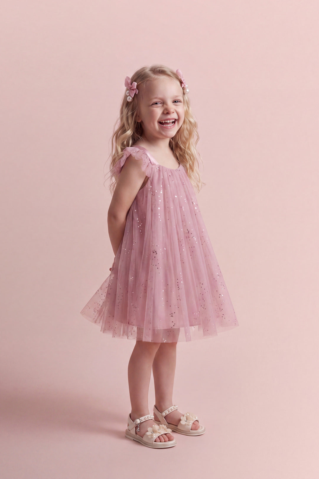 Bluebell Pink Tulle Flower Girl Dress, three quarter view