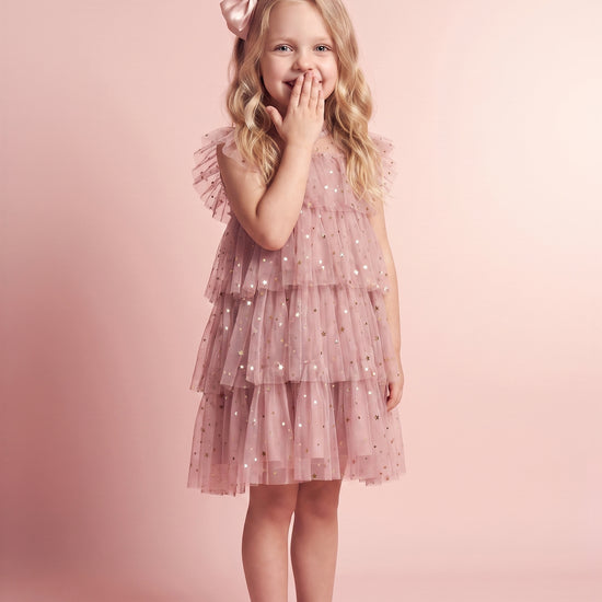 Celeste Dusty Pink Flower Girl Dress, three quarter twirl