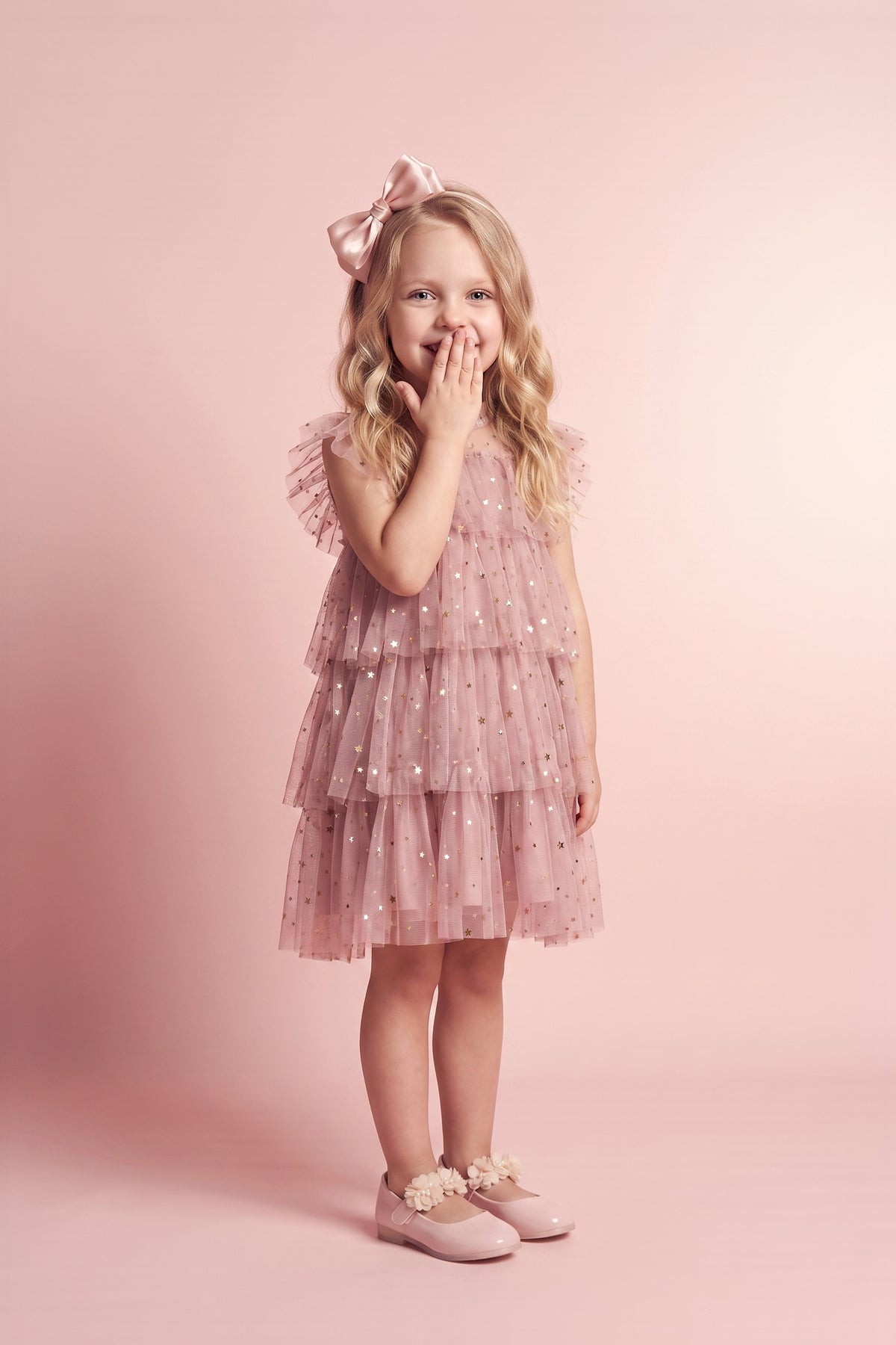 Celeste Dusty Pink Flower Girl Dress, three quarter twirl