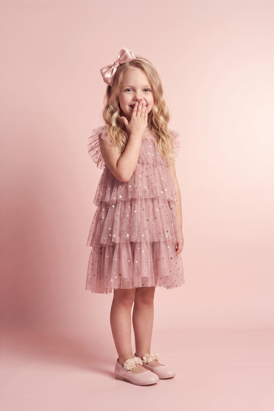 Celeste Dusty Pink Flower Girl Dress, three quarter twirl
