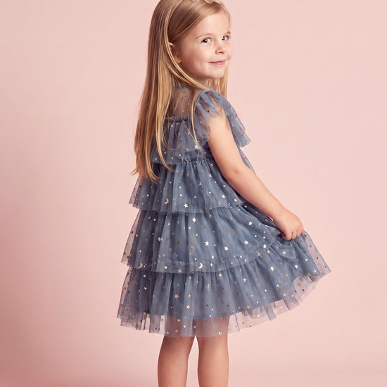 Celeste Dress in dusty blue, back