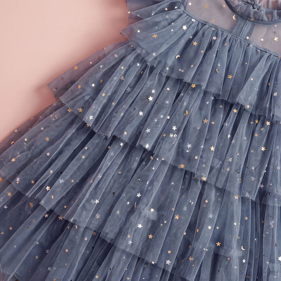 Celeste Dress dusty blue fabric detail, star and moon sequins